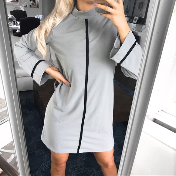 🆕 GREY HIGH NECK BLACK TRIM LONG SLEEVE DRESS! - Picture 2 of 8